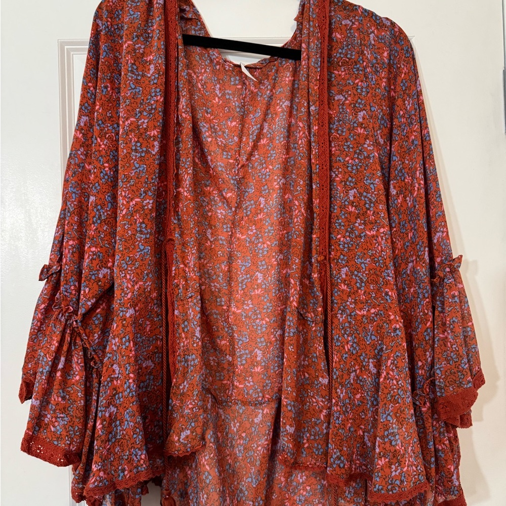 Free People Red and Blue Floral Blouse